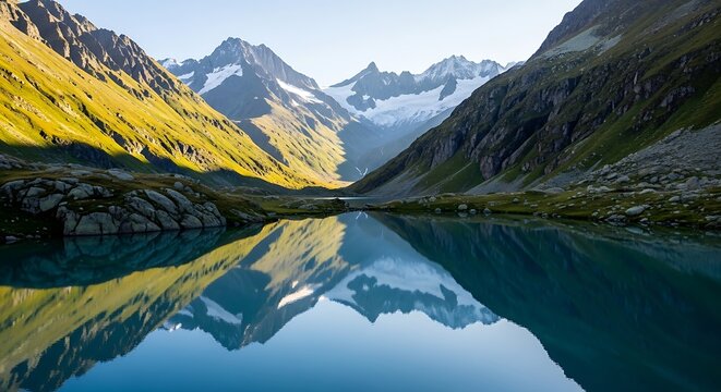 Pristine Alpine Lake with Sunlight Reflecting on Mountain Peaks