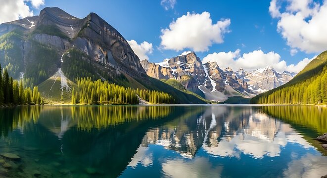 Pristine Alpine Lake with Sunlight Reflecting on Mountain Peaks