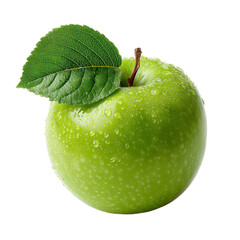 A fresh green apple with a leaf and water drops isolated on transparent background