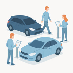 Flat Isometric Car Dealership with Visitors and Electric Vehicles Illustration