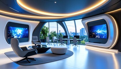 Futuristic office space with curved windows, city view, and advanced technology displays