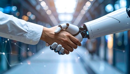 Human and robotic hands shake, signifying collaboration in a blurred technological background