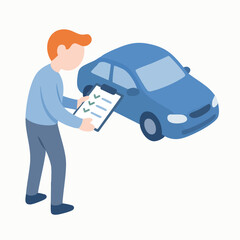 Flat Isometric Car Inspection Checklist with Man Character Illustration