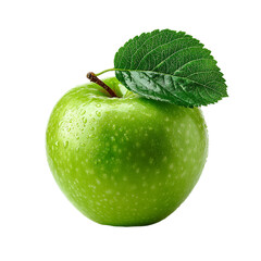 A fresh green apple with water droplets and a leaf isolated on transparent background