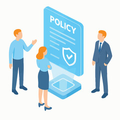Isometric Illustration of People Discussing Company Policy Documentation on Platform