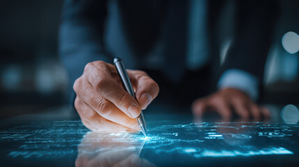 Businessman approves budget proposal with determination, feeling confident and decisive as he reviews financial details with pen