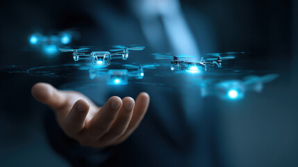 Businessman confidently controls fleet of drones, showing his vision for future of delivery service and technological innovation