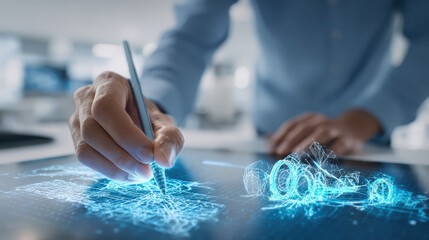 An enthusiastic businessman is sketching product design using an advanced digital interface, showcasing his innovative spirit and design ability