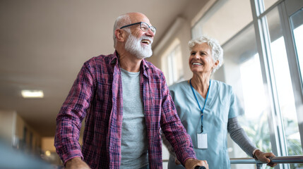 Caregiver helping patient walk shows joy and support in rehabilitation, demonstrating their heartwarming connection through shared smiles and encouragement