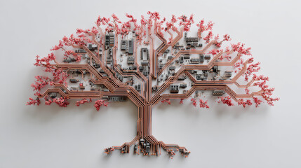 Circuit board tree withers, its technological stagnation evident in fading leaves, showcasing poignant symbol of obsolete beauty
