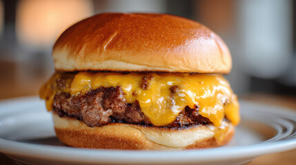 Delicious classic hamburger with beef patty oozing melted cheese sits on plate, inviting and savory, promising satisfying experience