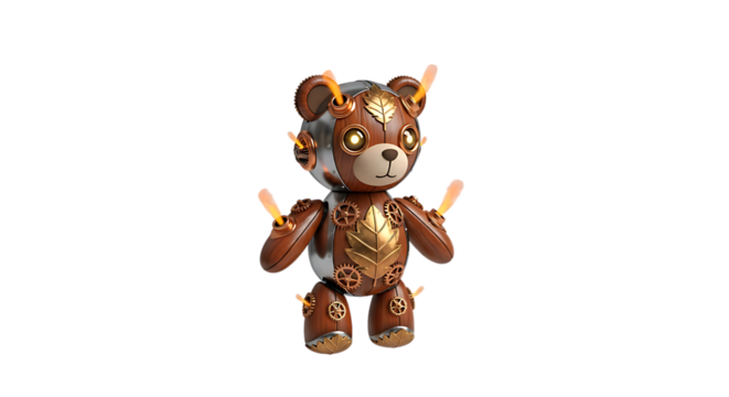 A steampunk teddy bear robot with gears and lights is isolated on transparent background