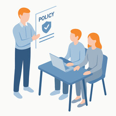 Isometric People Discussing Insurance Policy Document at Desk Illustration