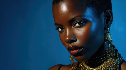 Elegant woman with ebony skin and gold jewelry gazes confidently against deep blue background, radiating beauty and captivating sense of poise
