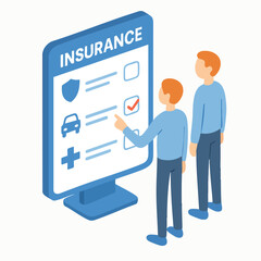 Isometric Insurance Policy Form with Customer Reviewing Healthcare Finance Document