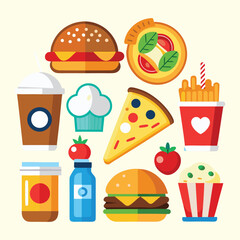 A delicious collection of cartoon fast food icons, featuring burgers, pizza, coffee, and sweet bakery desserts