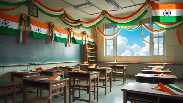 Indian classroom decorated for national celebration with vibrant flags and festive streamers creating patriotic spirit