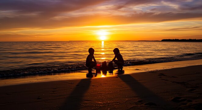 Silhouetted Children Building Sandcastle at Sunset