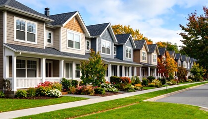 Row of colorful houses in a fall neighborhood