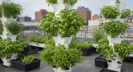 Naklejka premium Urban rooftop garden featuring vertical planters filled with vibrant green herbs and lush vegetation in a city landscape