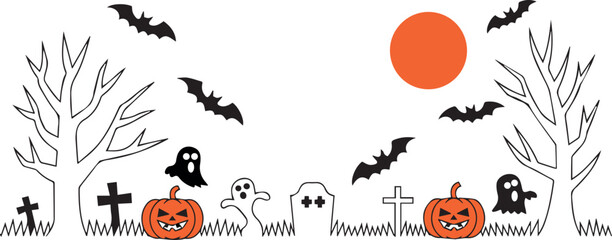 Halloween Graveyard Scene with Ghosts Bats Pumpkins and Trees