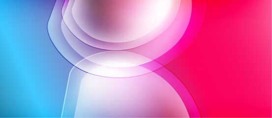 Abstract design features layered translucent shapes. Blue blends into pink, creating vibrant visual effect. Smooth gradients dominate composition.