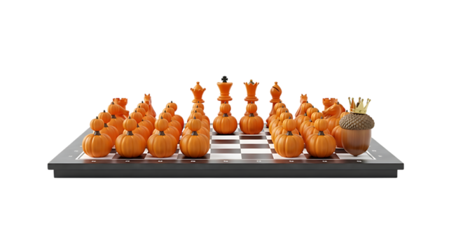 A festive chess set with pumpkin pieces and an acorn king isolated on transparent background
