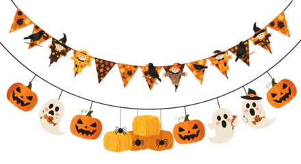 Cheerful Halloween Party Decorations:  Autumnal Banner, Pumpkins, Ghosts, and Hay Bales.