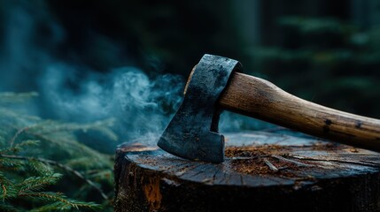 Axe rests on a wooden stump in a forest clearing with smoky mist rising around it