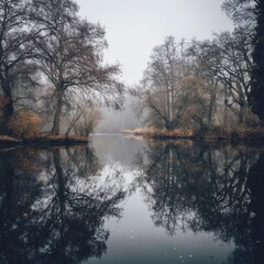 Fototapeta premium A tranquil pond mirroring vibrant trees in a serene landscape.