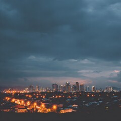 Fototapeta premium A stunning city skyline at dusk, showcasing vibrant lights.