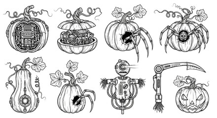 Steampunk Halloween Pumpkins Clipart Collection.