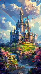 Fairytale palace with golden towers in a vibrant magical land under blue sky