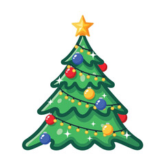 Decorated Christmas tree with ornaments and star.