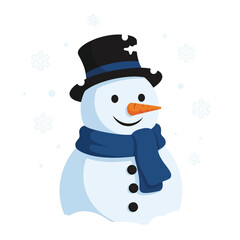 Cheerful snowman wearing a top hat and scarf amidst falling snowflakes.