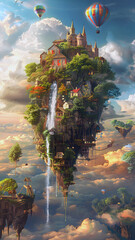 floating fantasy castle island with misty waterfalls and golden clouds in the sky