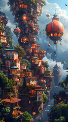 Futuristic fantasy village with tall stacked towers and floating balloon in vibrant sky