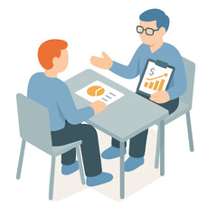 Isometric Two People Business Meeting with Charts and Graphs Illustration