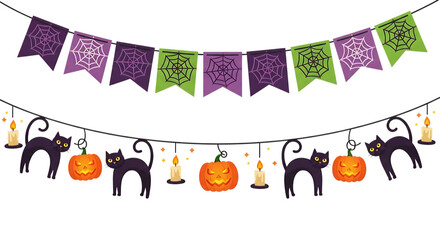 Halloween Party Decorations: Festive Purple and Green Bunting with Black Cats and Jack-o'-lanterns.
