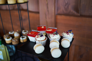 Cakes, cupcakes and pastries on a candy bar. Sweet table.