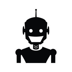Simple black and white robot icon smiling and facing forward with antenna
