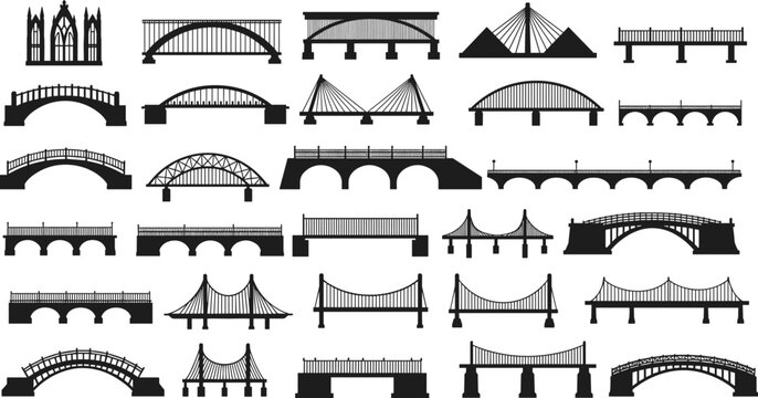 Collection of bridge silhouette vector icons, modern and historical bridge types, architectural structures, isolated design elements, transportation illustration set