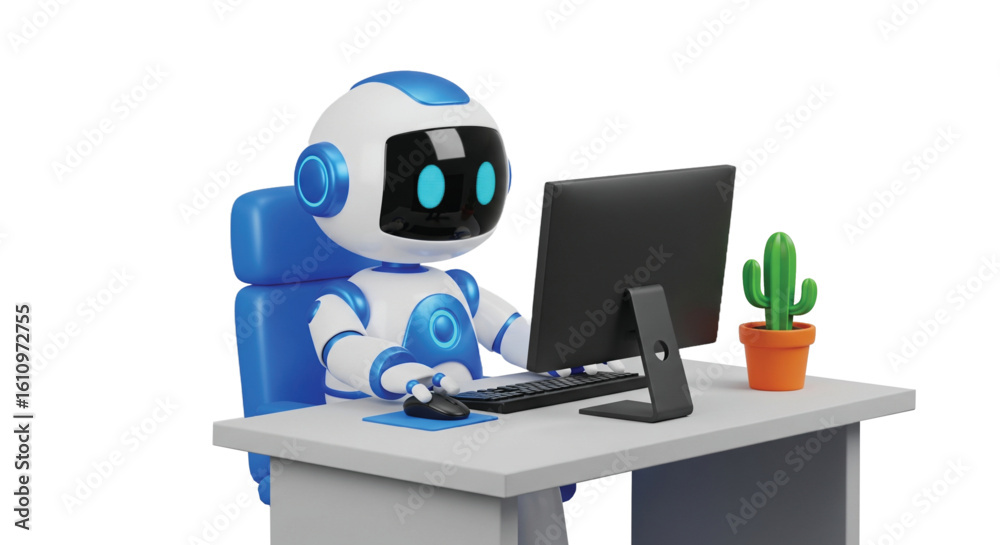 Wall mural friendly robot working on a computer at a desk with a cactus
