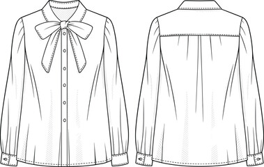 CAD drawing flat vector illustration of puff sleeve blouse, bow tie neckline, fashion sketch layout, stylish 