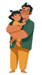 A father lovingly embraces his happy daughter isolated on transparent background