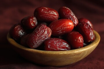 Wooden bowl filled with glossy, red dates on burgundy fabric. Use in recipes, product ads, or health related articles.