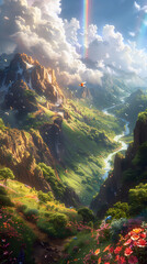 majestic mountain valley bathed in warm sunlight with rugged cliffs and flowering slopes