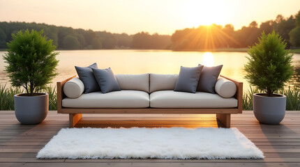 Lakeside outdoor setting with minimalist wooden sofa and plush white rug at sunset