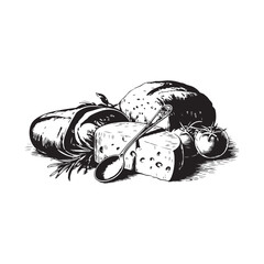 Vintage Engraving Style Food Illustration of Bread, Cheese, Fish, and Vegetables on a Wooden Board Design