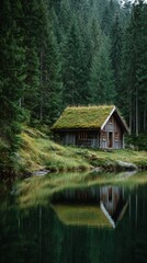 Rural landscape featuring a tranquil wooden house reflecting on the still water of a lake, surrounded by a lush forest of trees